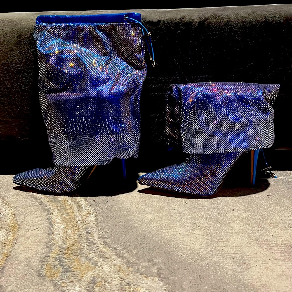 Azalea Wang Wishful Crystal Embellished Pointed Toe Boot Blue Size 7.5